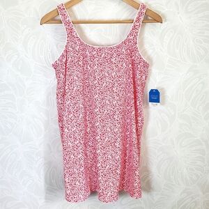 Lands' End Swim Dress One Piece Swimsuit Red With White Ditsy Floral Print